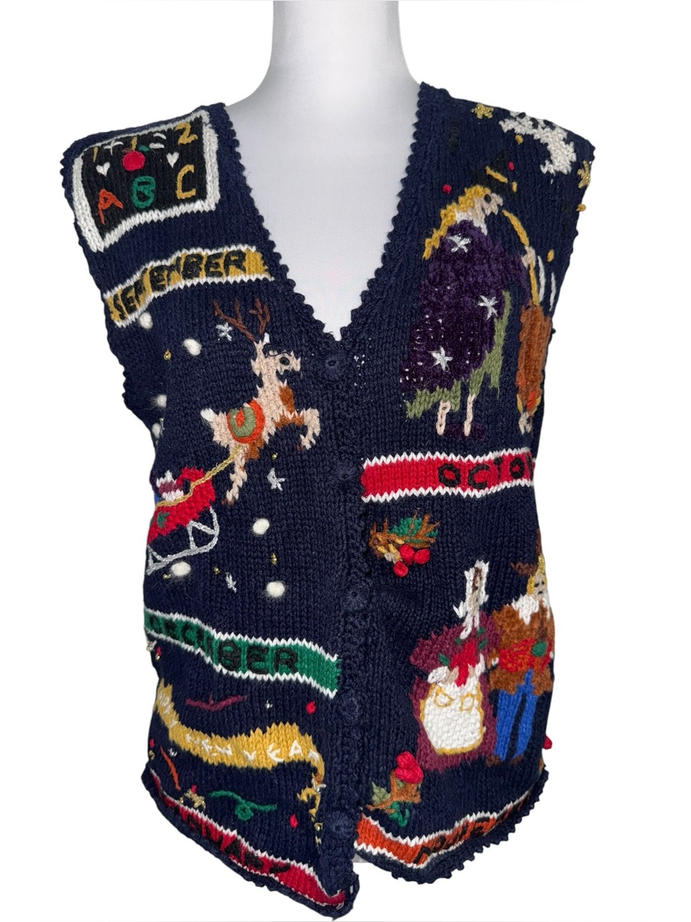 VTG Erika‎ Hand Knit Christmas Sweater Holiday Calendar Vest Novelty Medium